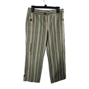 Ann Taylor Loft brown tan green striped cropped ankle cuff pants sz 4 women